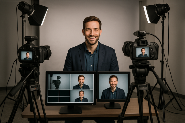 Multi-Camera Live Streaming with actor smiling